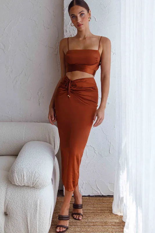 Desert Skies Ruched Drawstring Satin Midi Skirt Chocolate sold by Selfie Leslie