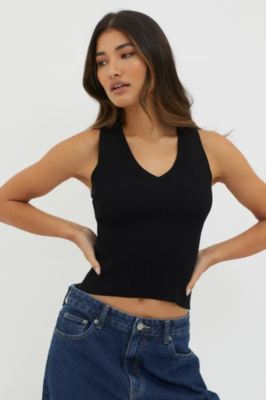 D'Lila V-Neck Ribbed Knit Top Black sold by Selfie Leslie
