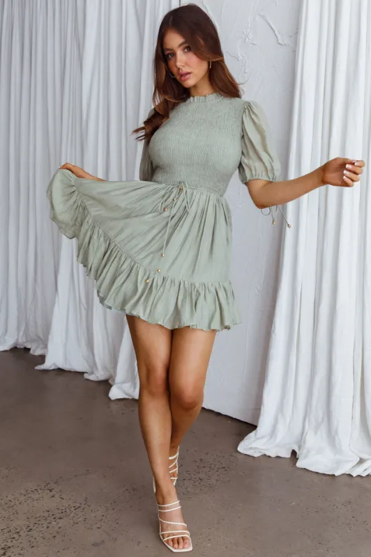 Secret Garden Puff Sleeve Smocked Bodice Dress Avocado sold by Selfie Leslie