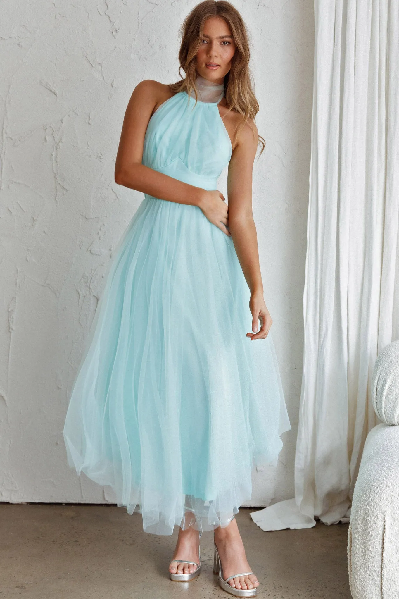 Andria Halterneck Tulle Midi Dress Mint sold by Selfie Leslie