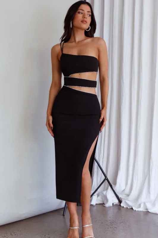Raye Cut-Out Waist Rhinestone Midi Dress Black sold by Selfie Leslie