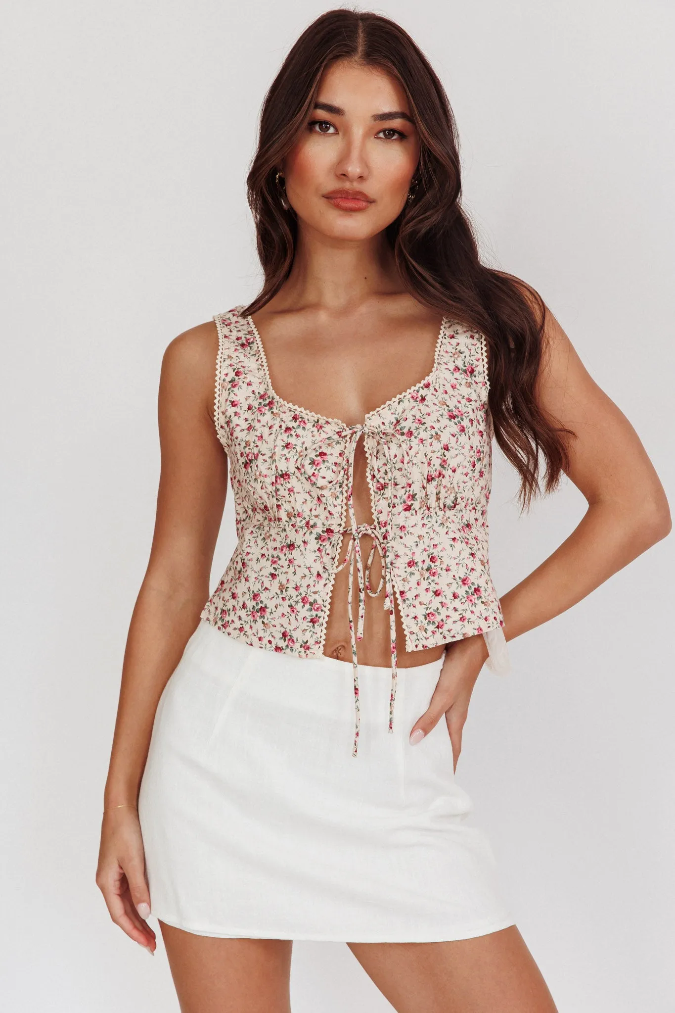 Evelynn Floral Front Tied Top Beige sold by Selfie Leslie product image thumbnail 5