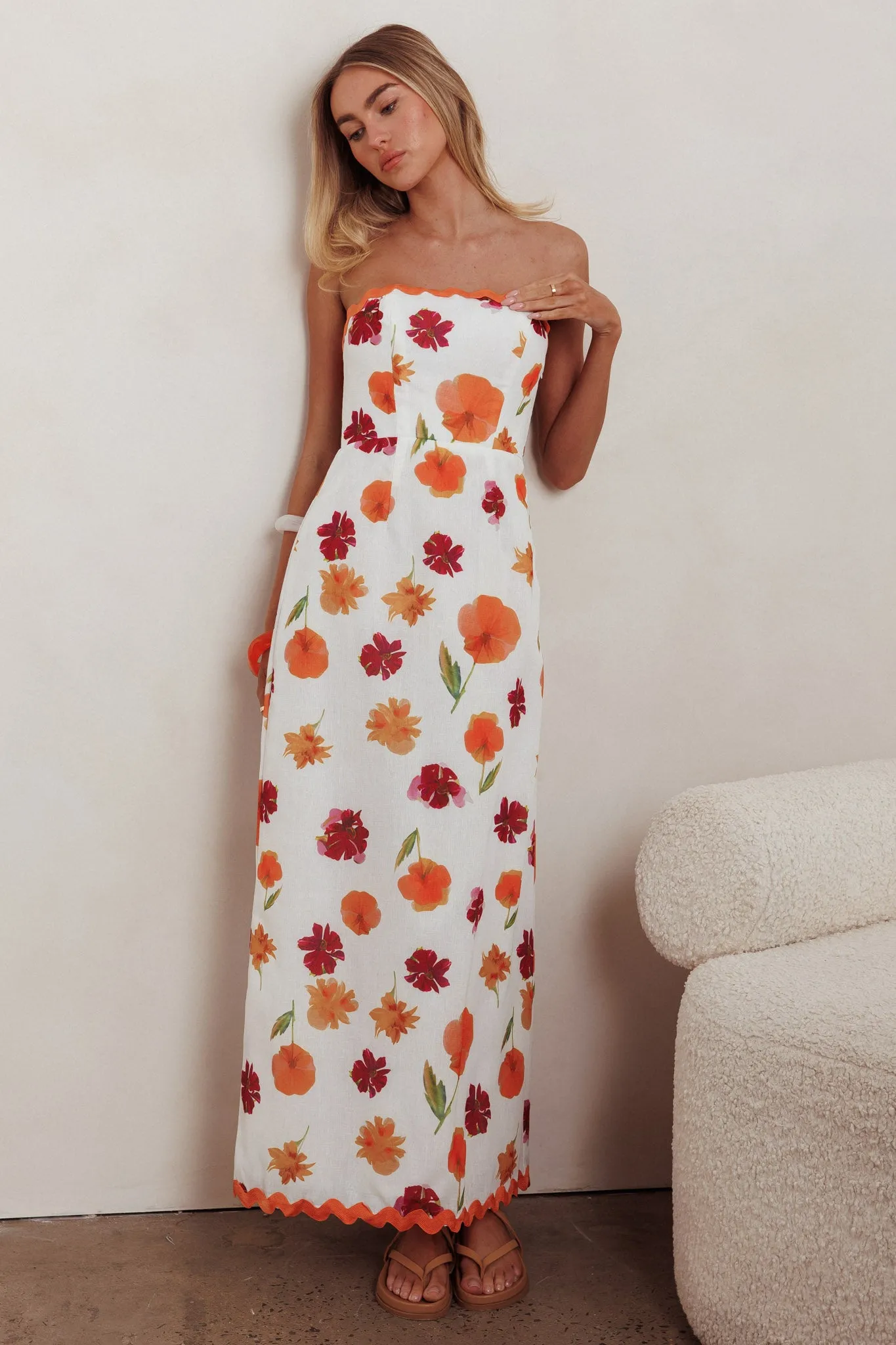 Cypress Ric Rac Trim Floral Strapless Maxi Dress Orange Multi sold by Selfie Leslie product image thumbnail 5