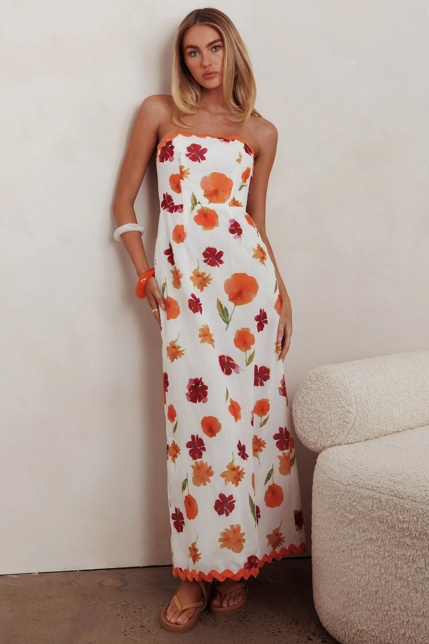 Cypress Ric Rac Trim Floral Strapless Maxi Dress Orange Multi sold by Selfie Leslie