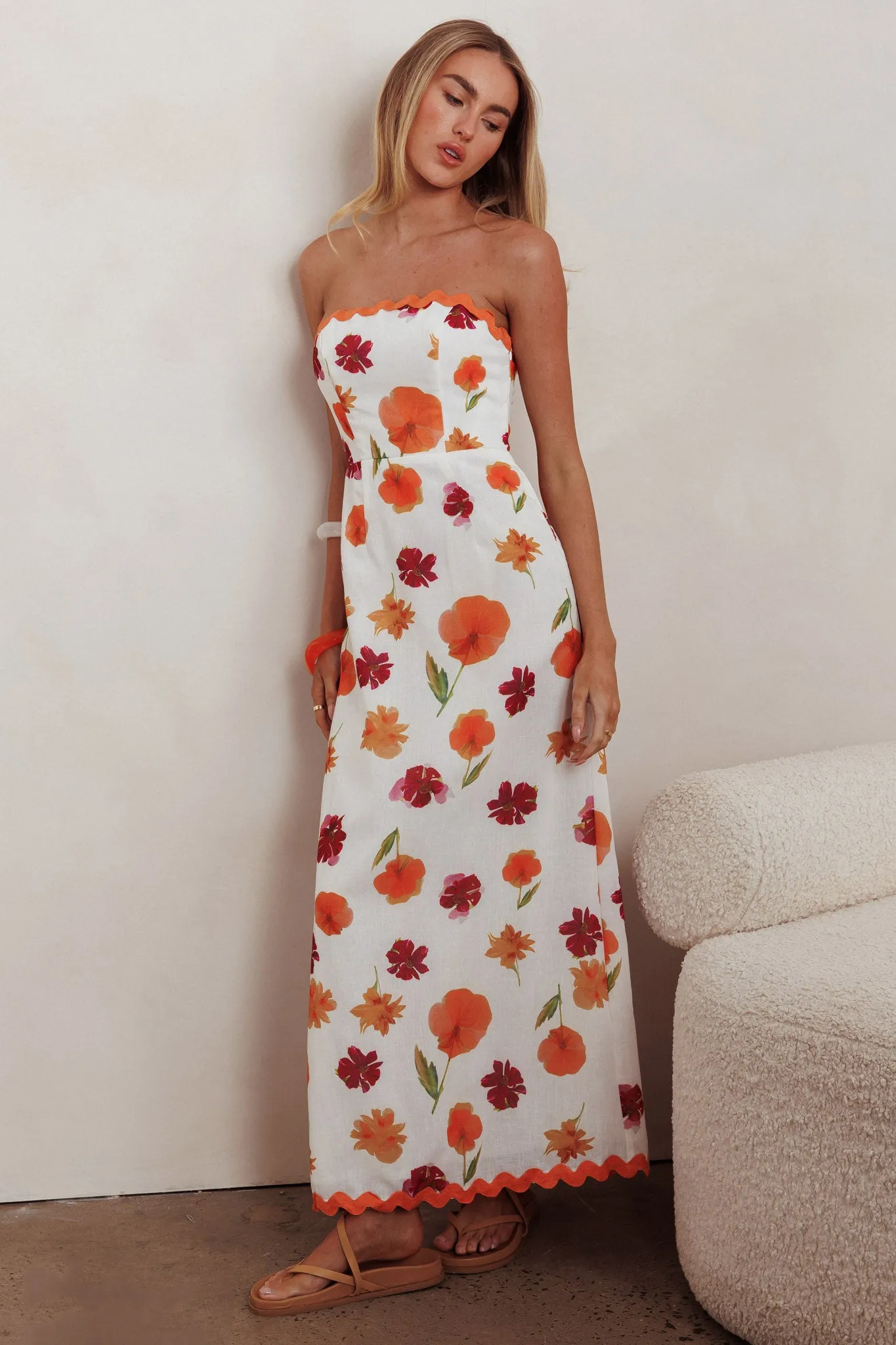 Cypress Ric Rac Trim Floral Strapless Maxi Dress Orange Multi sold by Selfie Leslie product image thumbnail 3