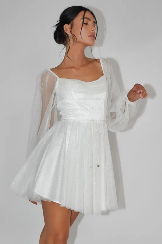Fairytale Dream Pleat Neckline Mini Dress Sparkle White/Gold sold by Selfie Leslie
