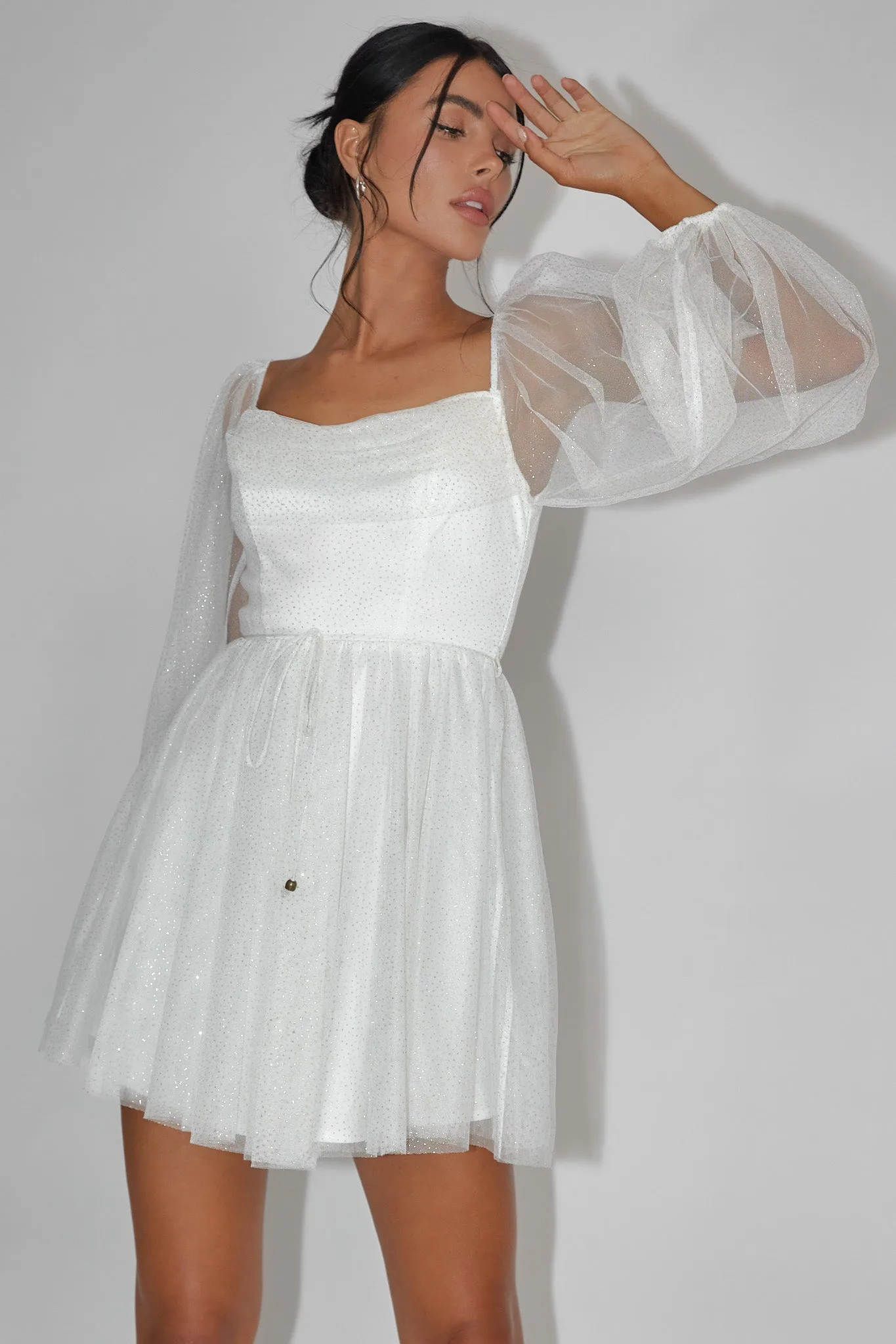 Fairytale Dream Pleat Neckline Mini Dress Sparkle White/Gold sold by Selfie Leslie product image thumbnail 5