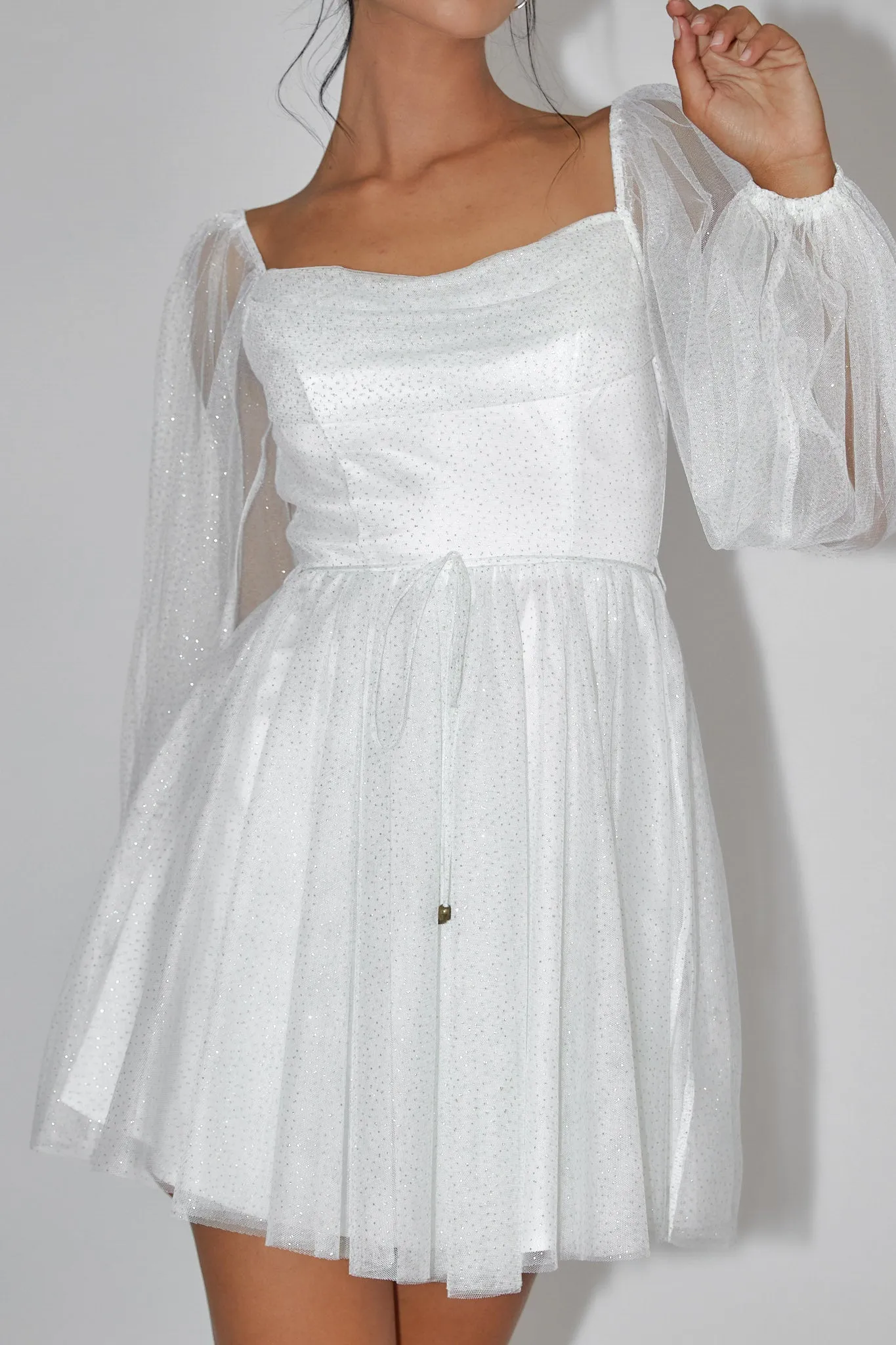 Fairytale Dream Pleat Neckline Mini Dress Sparkle White/Gold sold by Selfie Leslie product image thumbnail 4