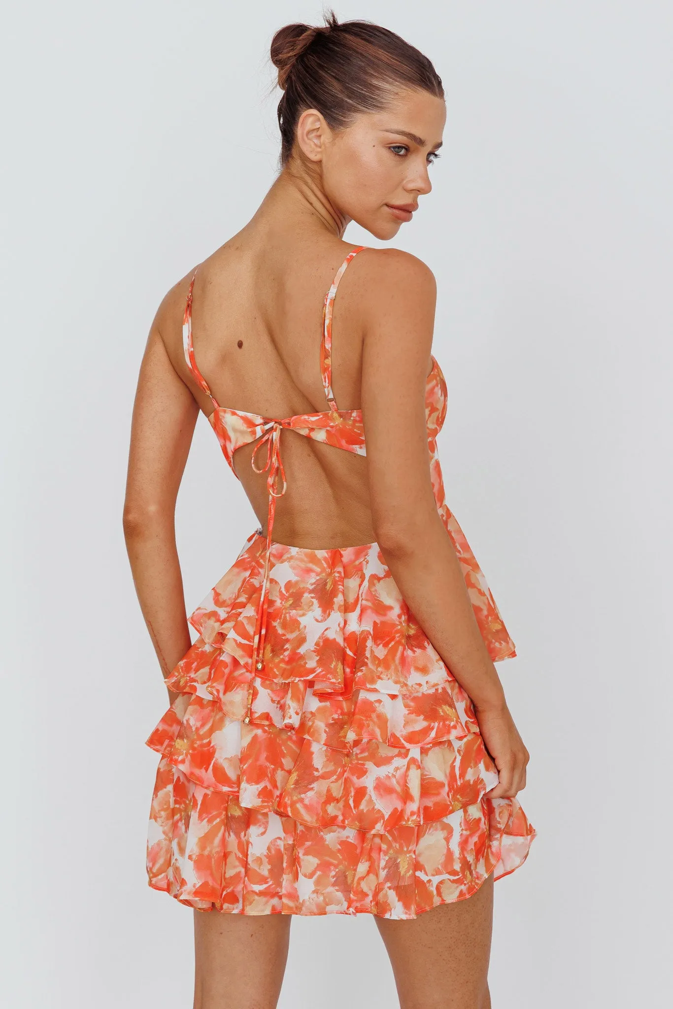 Lauran Tied Back Frill Dress Floral Orange sold by Selfie Leslie product image thumbnail 2