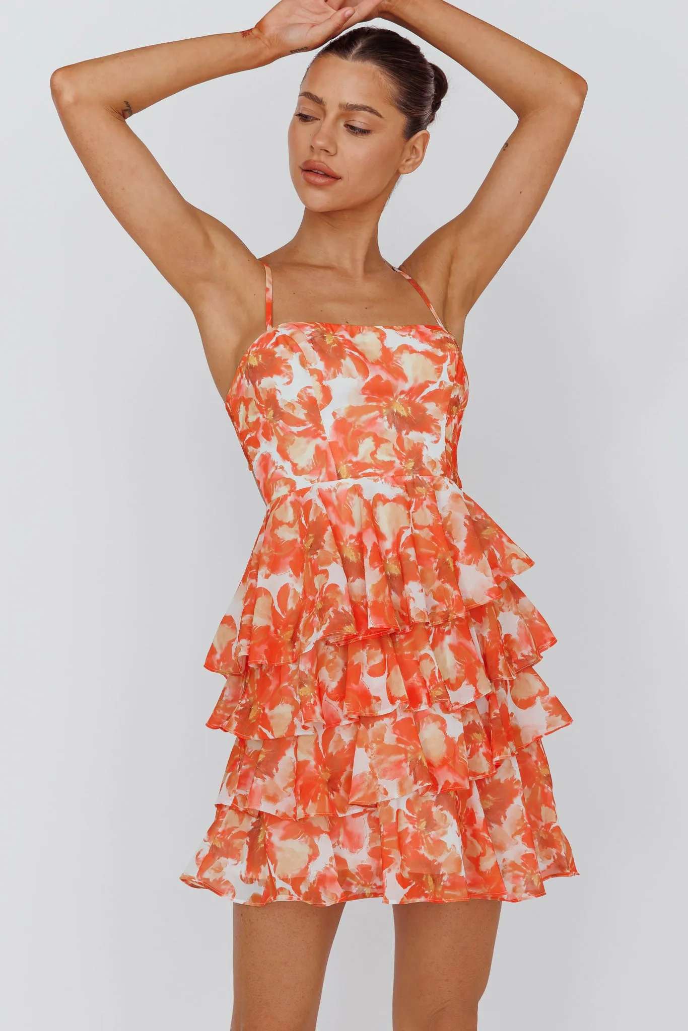 Lauran Tied Back Frill Dress Floral Orange sold by Selfie Leslie product image thumbnail 5