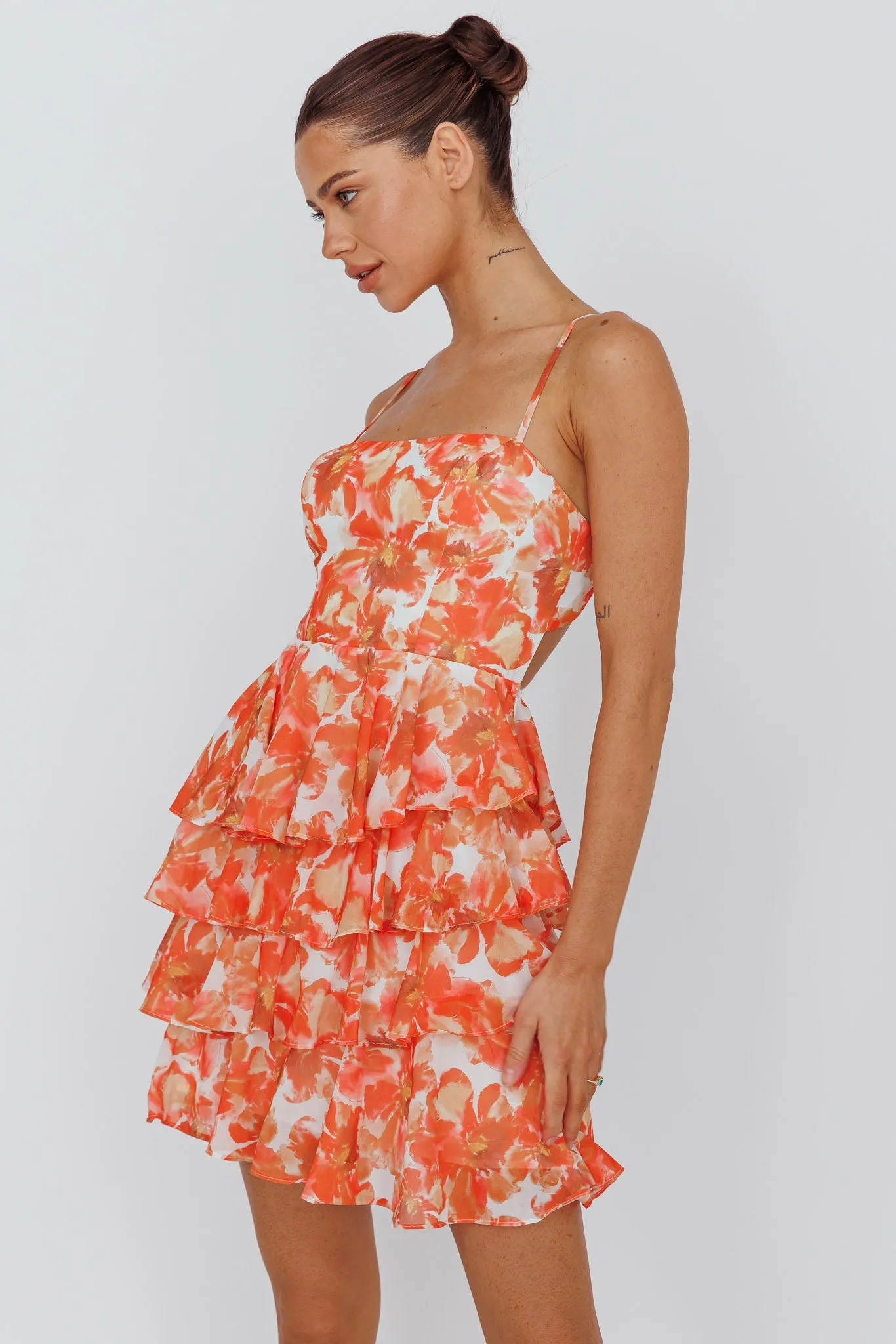 Lauran Tied Back Frill Dress Floral Orange sold by Selfie Leslie