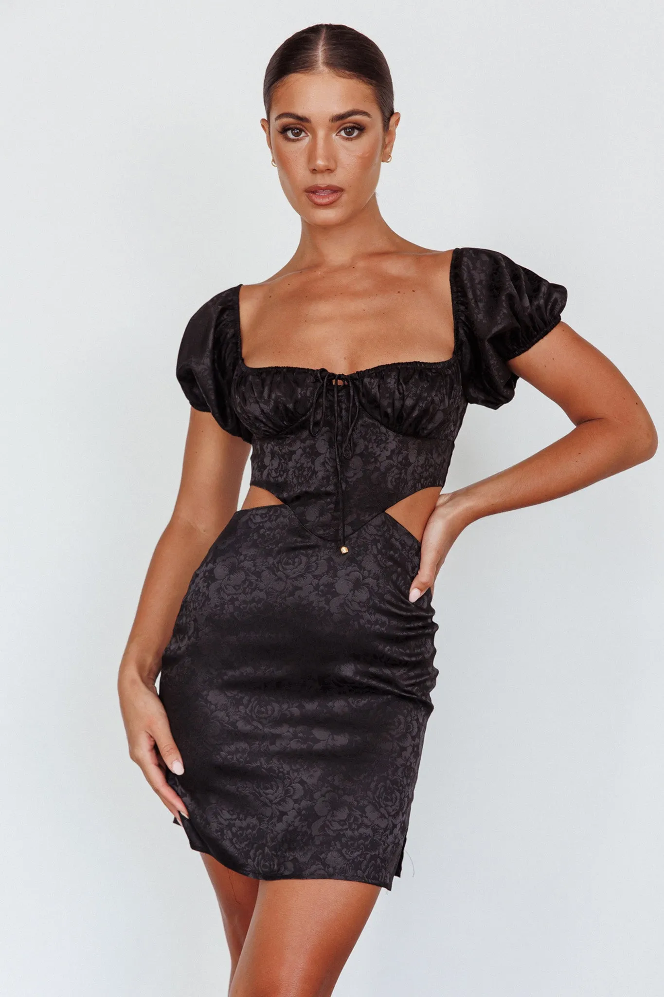 Eryn Puff Sleeve Jacquard Mini Dress Black sold by Selfie Leslie