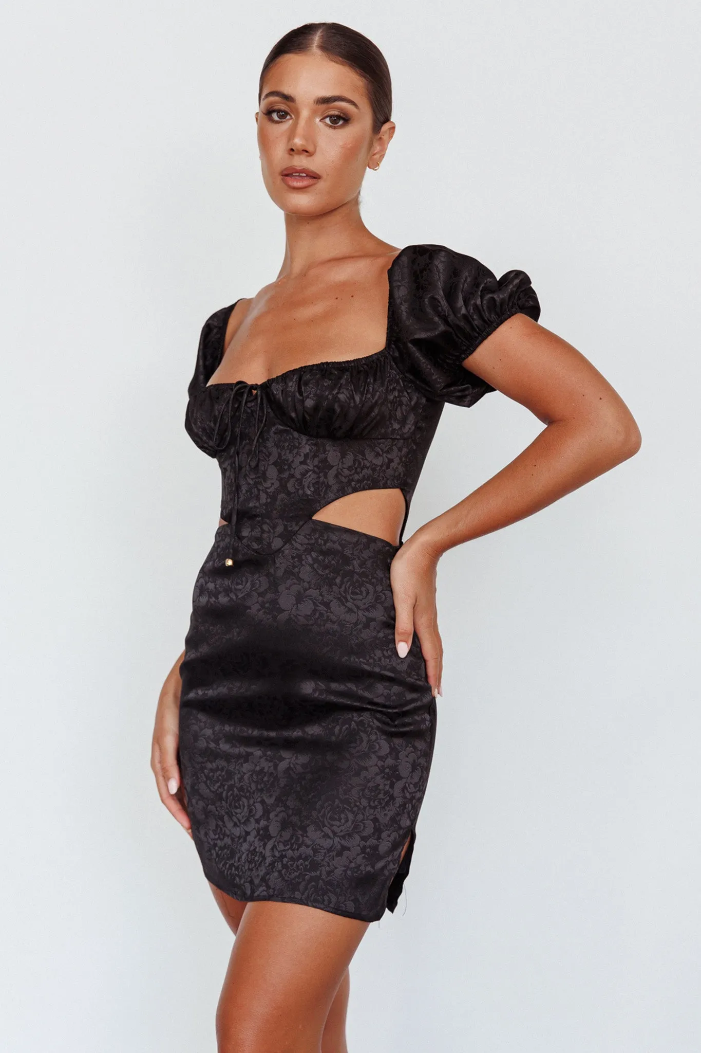 Eryn Puff Sleeve Jacquard Mini Dress Black sold by Selfie Leslie product image thumbnail 5