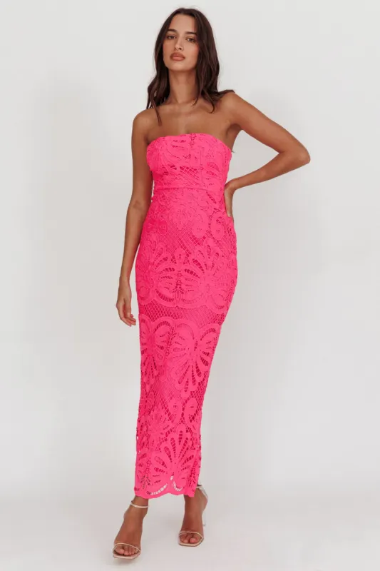 Bia Strapless Lace Embroidered Maxi Dress Hot Pink sold by Selfie Leslie