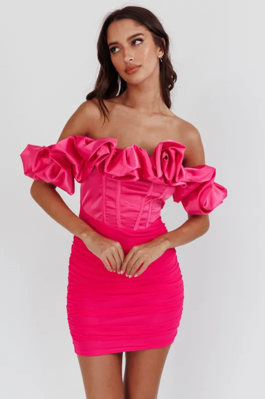 Arista Off-Shoulder Ruched Mini Dress Hot Pink sold by Selfie Leslie
