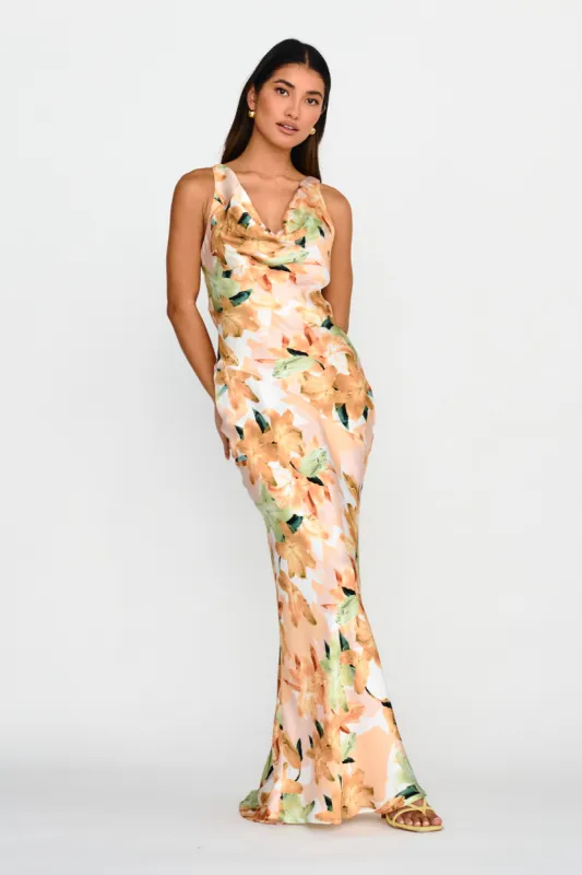 Cassiopeia Open Back Maxi Dress Lily Print Yellow sold by Selfie Leslie