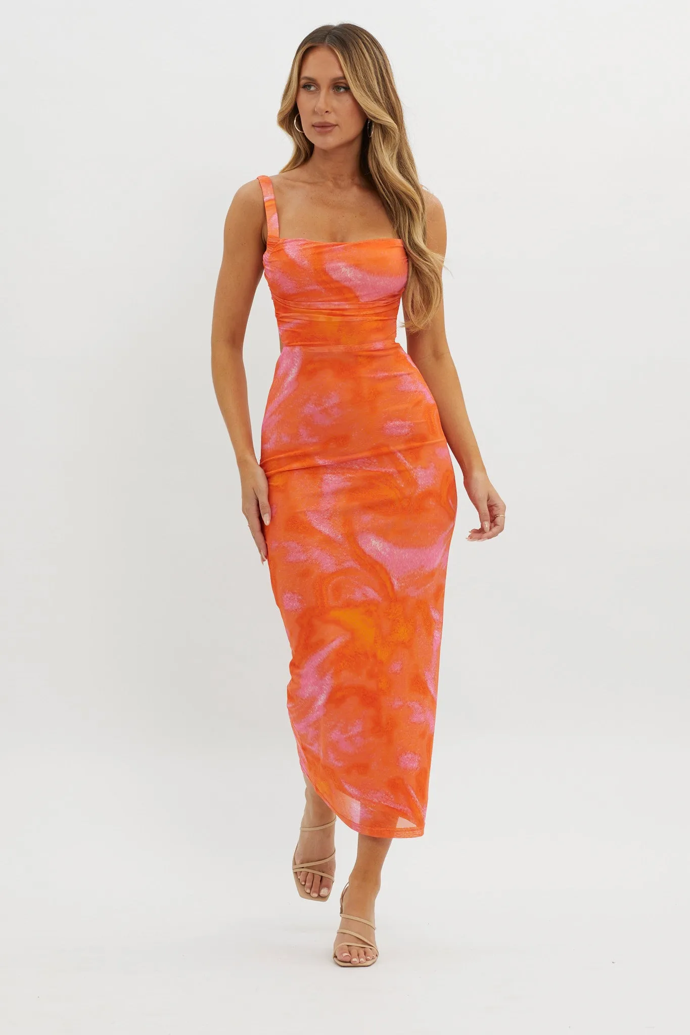 Dream Crush Lace-Up Back Side Split Maxi Dress Swirl Orange sold by Selfie Leslie