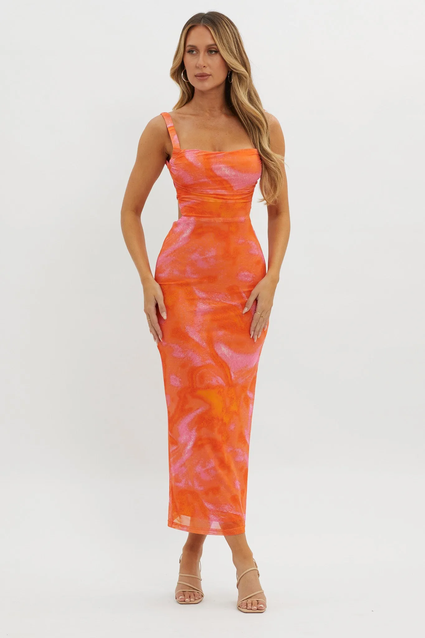 Dream Crush Lace-Up Back Side Split Maxi Dress Swirl Orange sold by Selfie Leslie product image thumbnail 5