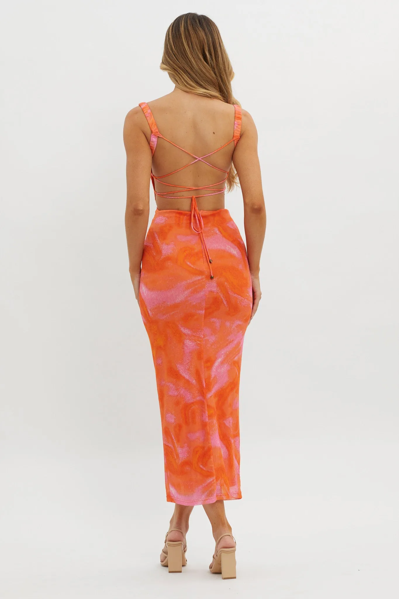 Dream Crush Lace-Up Back Side Split Maxi Dress Swirl Orange sold by Selfie Leslie product image thumbnail 2