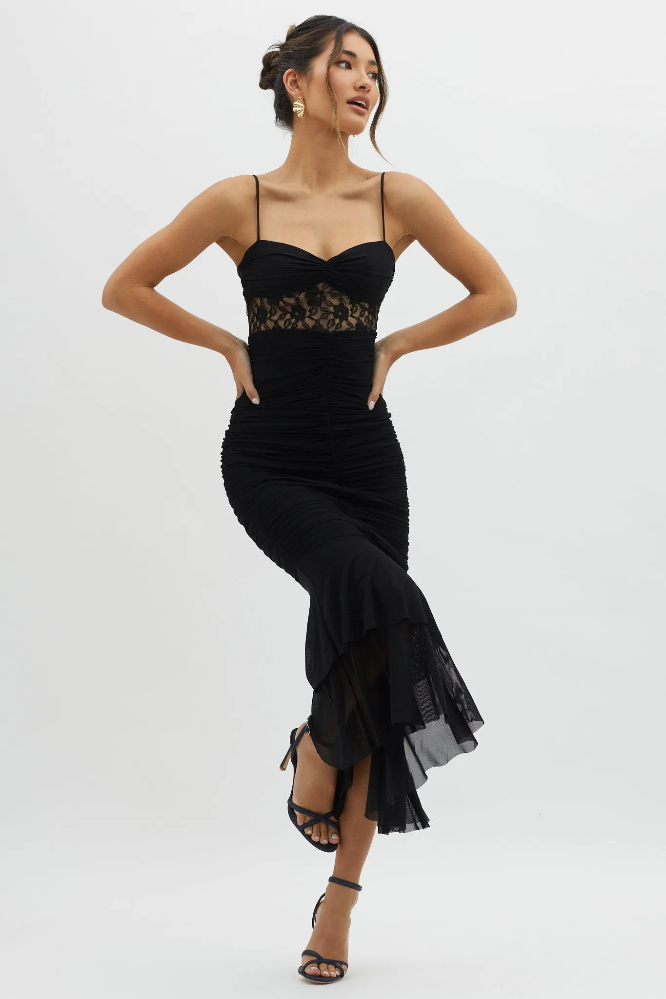 Cherubim Lace Insert Ruched Midi Dress Black sold by Selfie Leslie