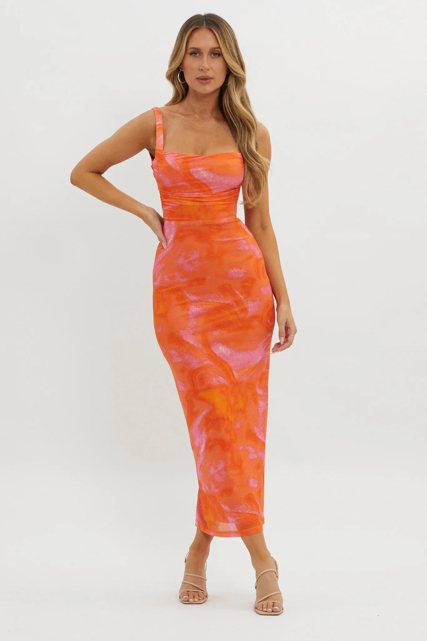 Dream Crush Lace-Up Back Side Split Maxi Dress Swirl Orange sold by Selfie Leslie product image thumbnail 4