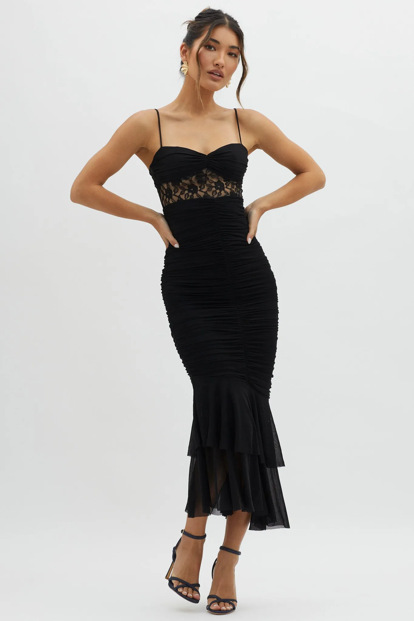 Cherubim Lace Insert Ruched Midi Dress Black sold by Selfie Leslie product image thumbnail 5