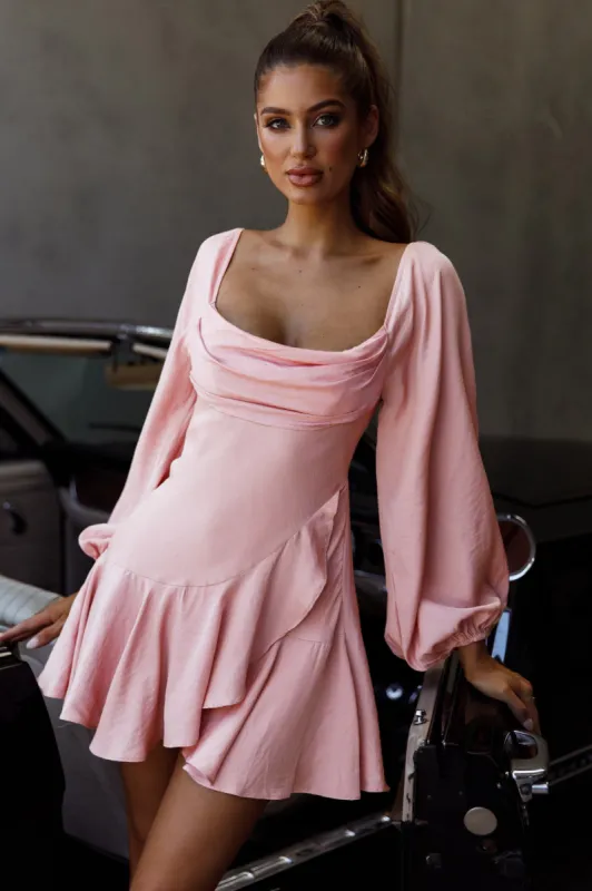 Beaujolais Long Sleeve Cowl Neckline Ruffle Satin Mini Dress Blush sold by Selfie Leslie