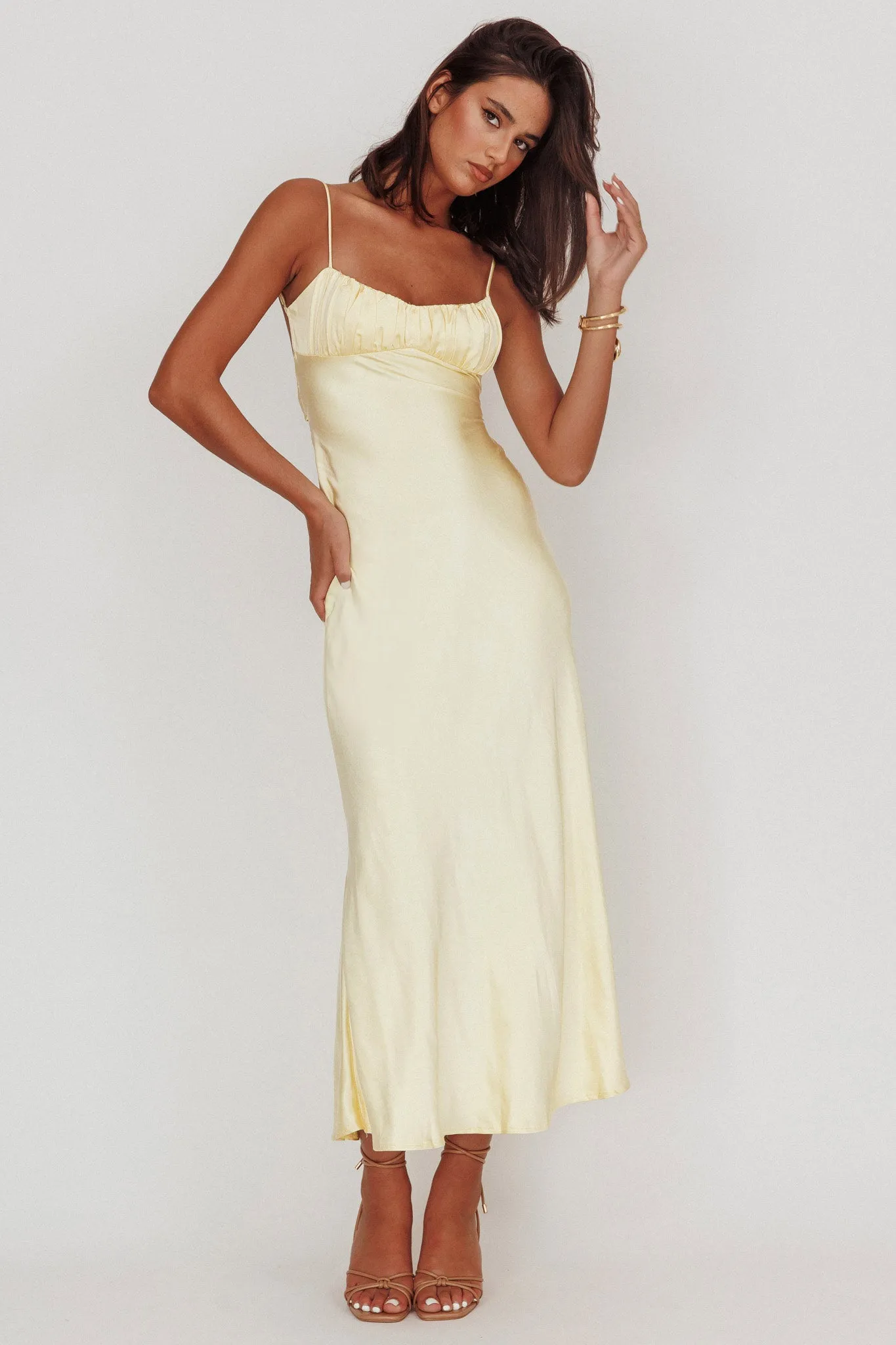 Nerida Twist Back Satin Maxi Dress Lemon sold by Selfie Leslie