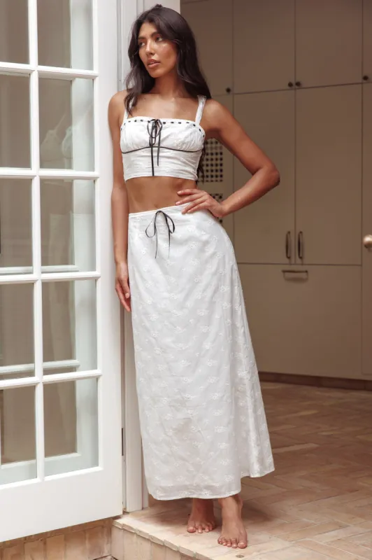 Helga Eyelet Embroidery Bow Maxi Skirt White sold by Selfie Leslie
