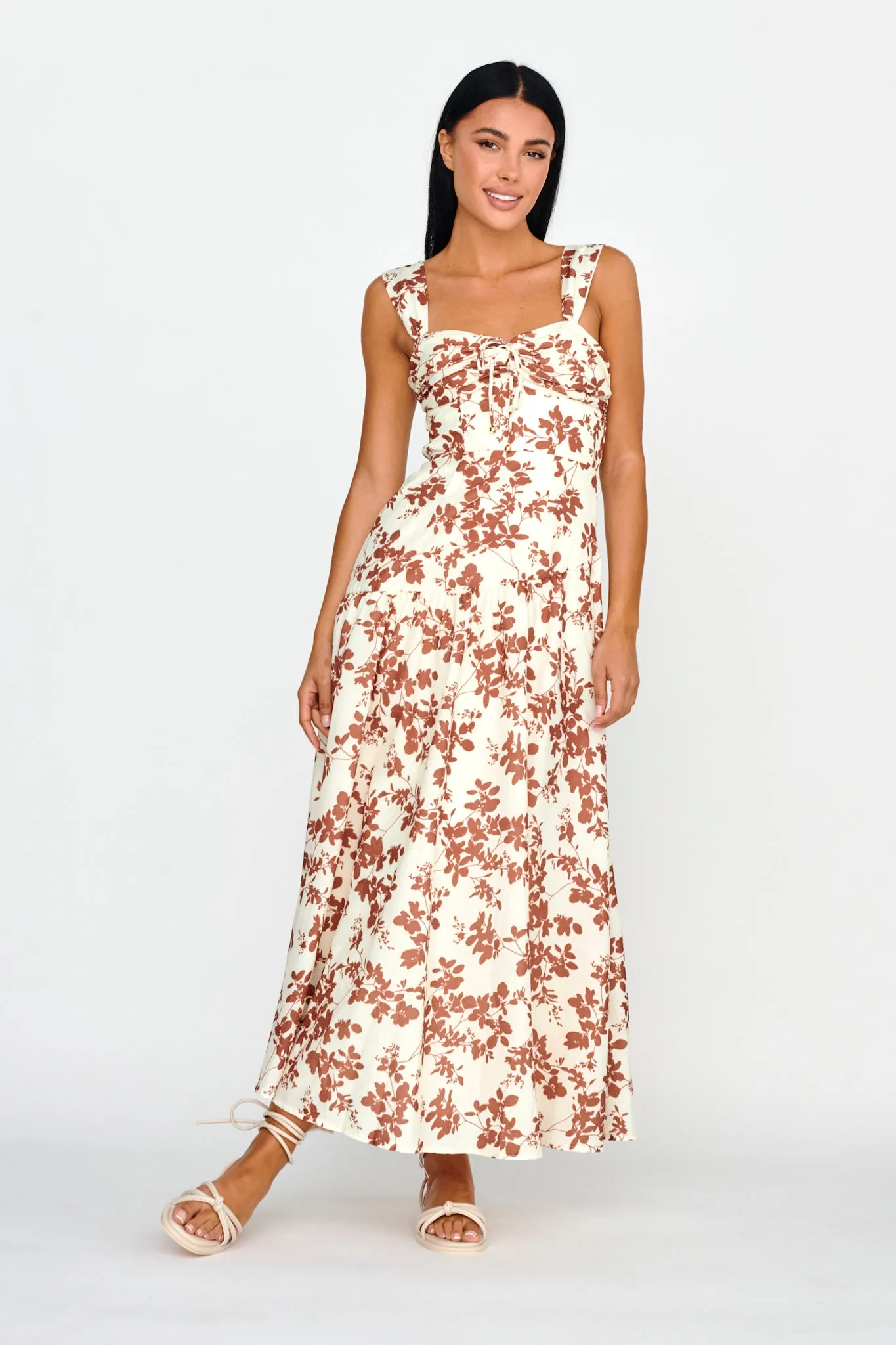 Nichola Ruched Bust Midi Dress Floral Brown sold by Selfie Leslie