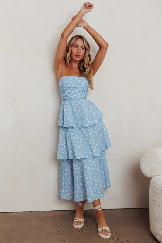 Lorcan Strapless Ruffle Dotted Midi Dress Blue sold by Selfie Leslie