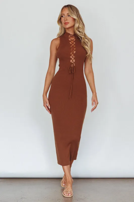 Brand New Day Lace-Up Bust Knit Midi Dress Chocolate sold by Selfie Leslie