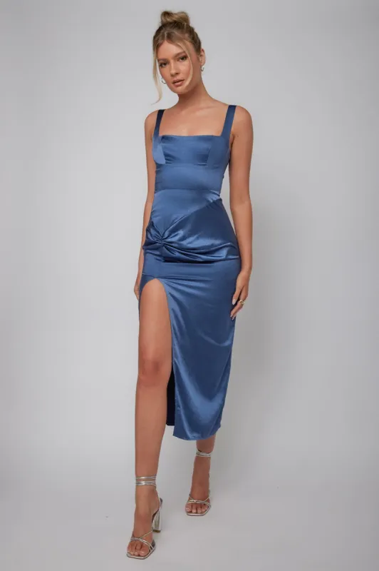 Kristin Knotted Waist Split Midi Dress Navy sold by Selfie Leslie