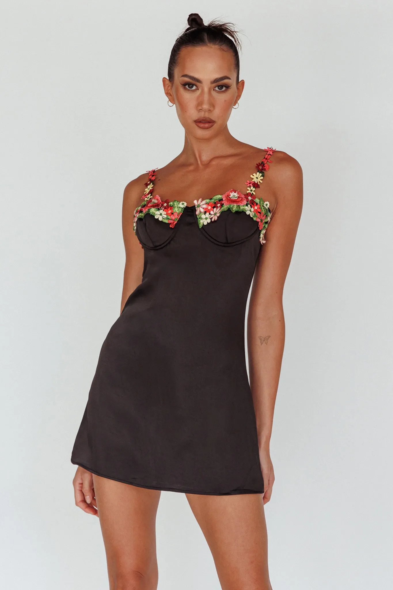 Izolda Floral Applique Mini Dress Black sold by Selfie Leslie product image thumbnail 5