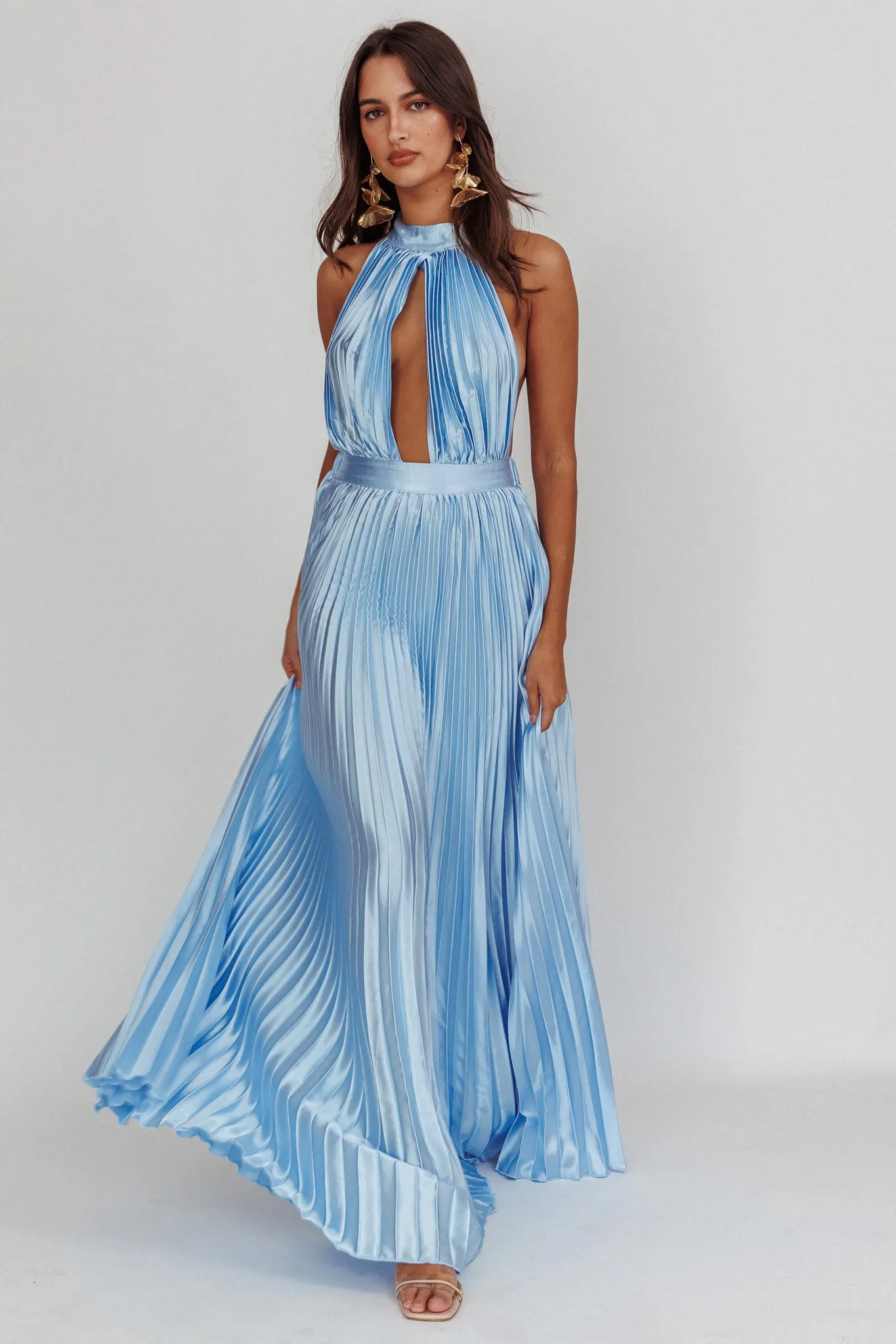 Monarch Pleated Satin Maxi Dress Light Blue sold by Selfie Leslie