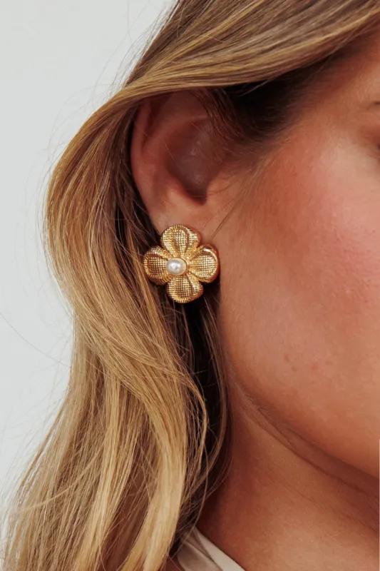 Flower Power Pearl Earrings Gold sold by Selfie Leslie