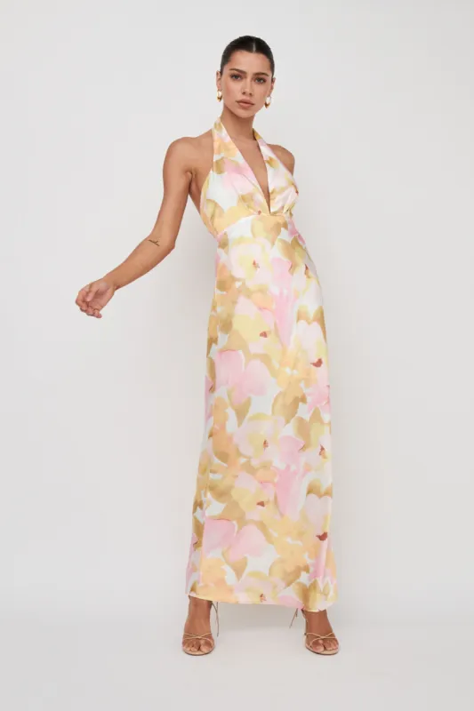 Of Your Dreams Plunging Halter Dress Floral Pink sold by Selfie Leslie