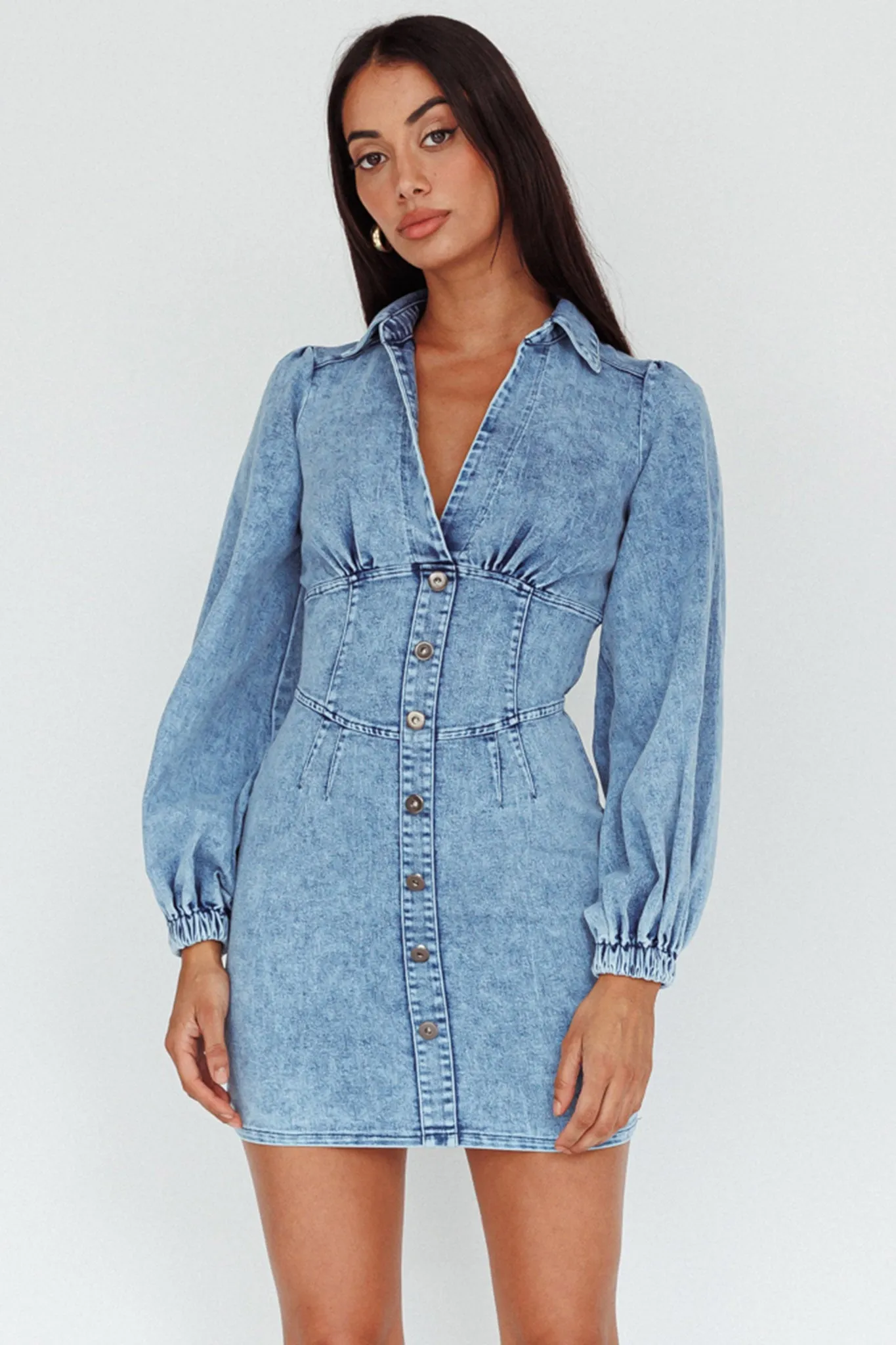 South Beach Long Sleeve Collared Mini Dress Denim sold by Selfie Leslie
