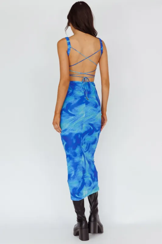 Dream Crush Lace-Up Back Side Split Maxi Dress Swirl Blue sold by Selfie Leslie