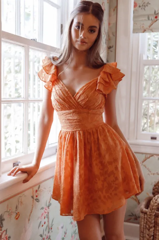 Lola Ruffle Shoulder Ruched Dress Textured Orange sold by Selfie Leslie