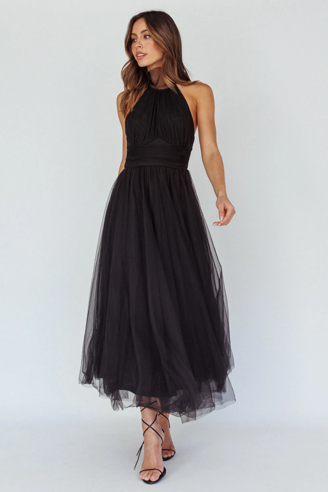 Andria Halterneck Tulle Midi Dress Black sold by Selfie Leslie