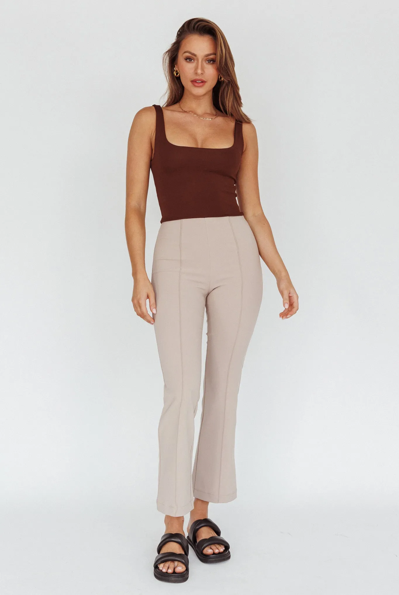 Sabria Mid-Rise Flare Pants Beige sold by Selfie Leslie