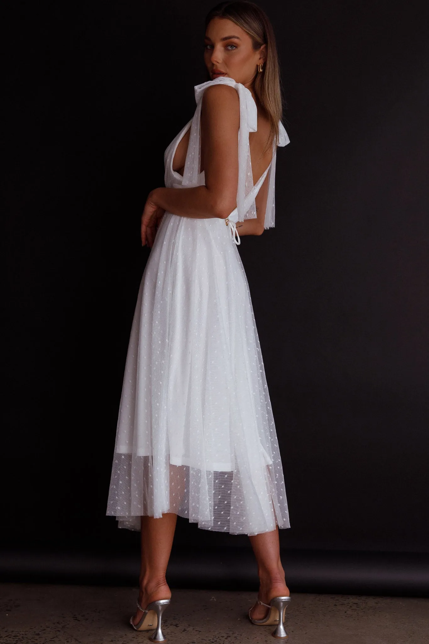 Kathryn Tied Shoulder Mesh Midi Dress White sold by Selfie Leslie product image thumbnail 2