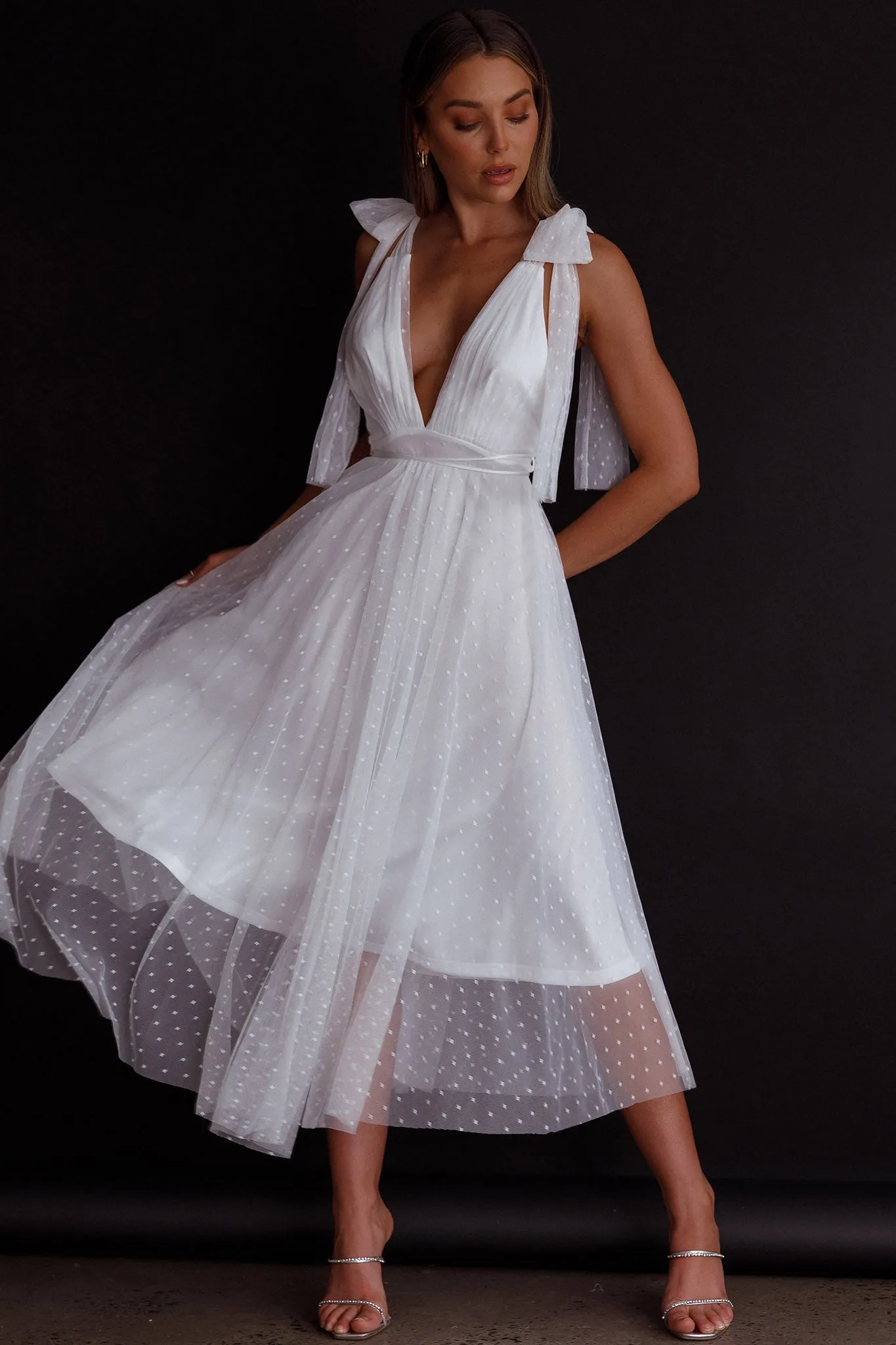 Kathryn Tied Shoulder Mesh Midi Dress White sold by Selfie Leslie