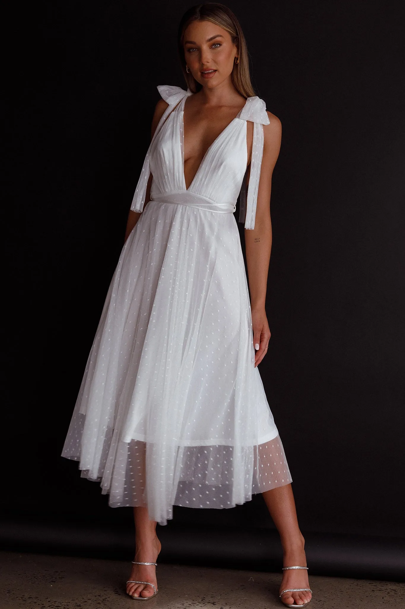 Kathryn Tied Shoulder Mesh Midi Dress White sold by Selfie Leslie product image thumbnail 5