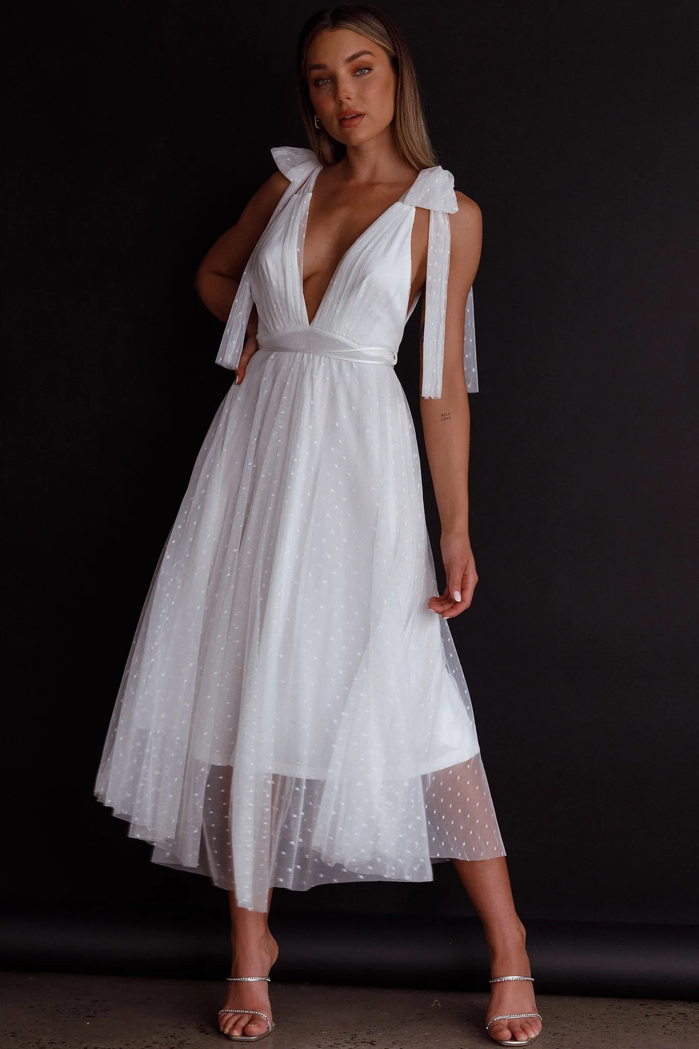 Kathryn Tied Shoulder Mesh Midi Dress White sold by Selfie Leslie product image thumbnail 3