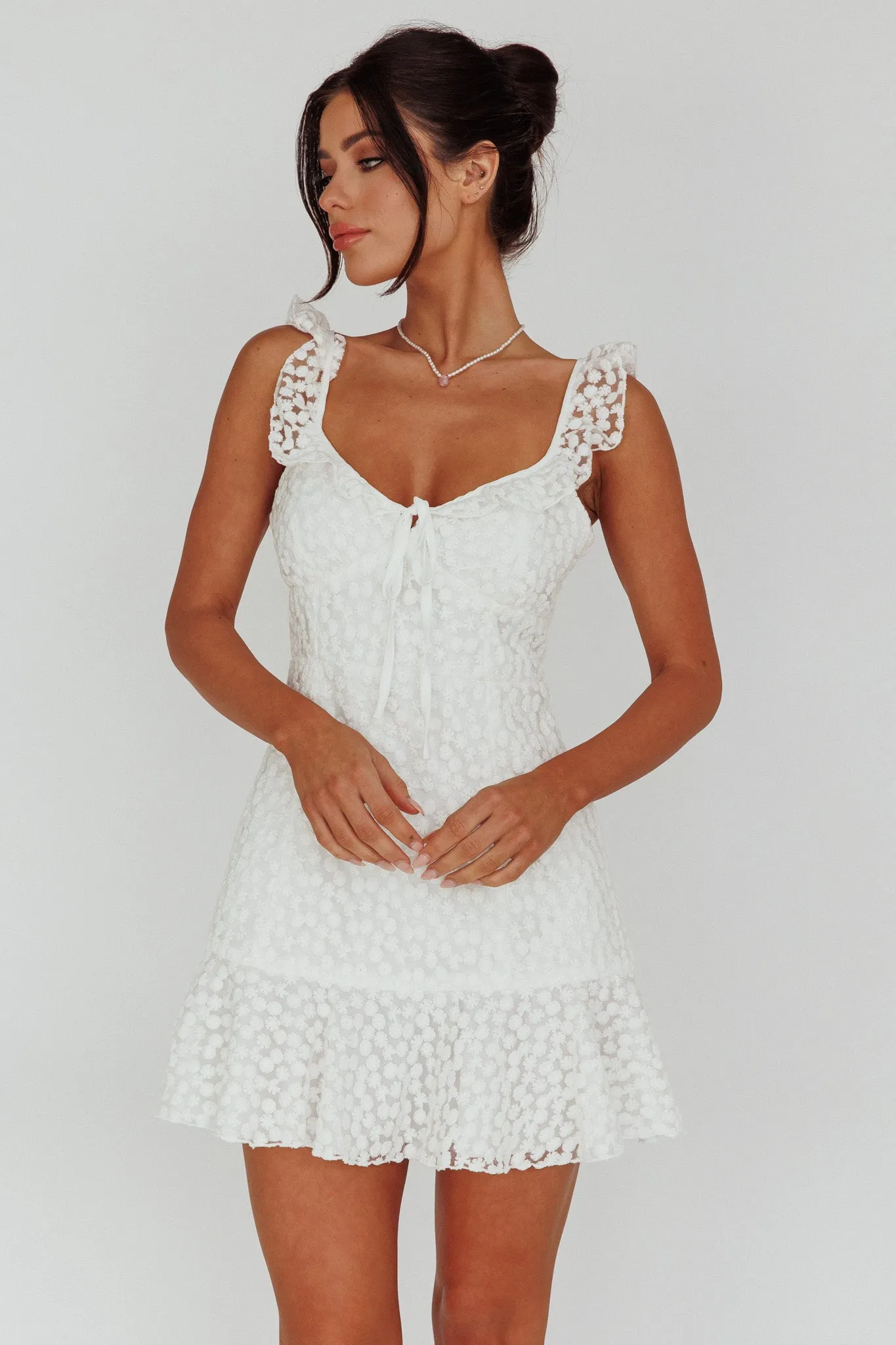 Shenay Ruffle Strap Embroidered Mini Dress White sold by Selfie Leslie