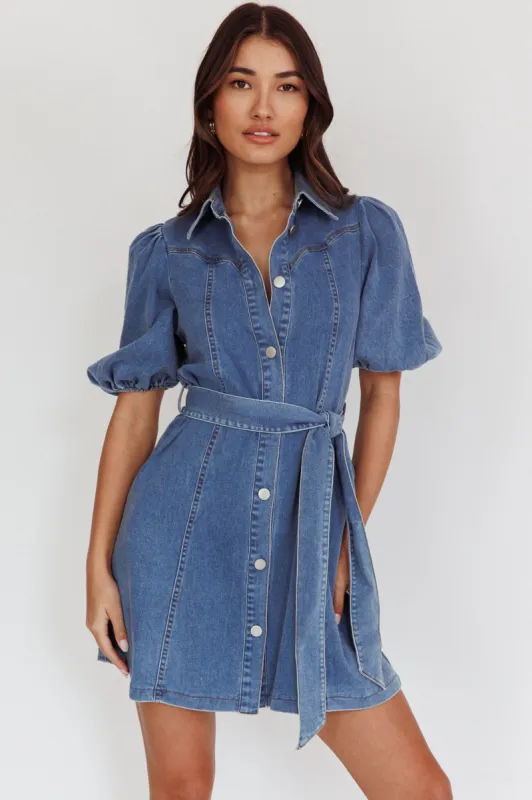 Myleigh Puff Sleeve Waist Tie Mini Dress Denim Blue sold by Selfie Leslie