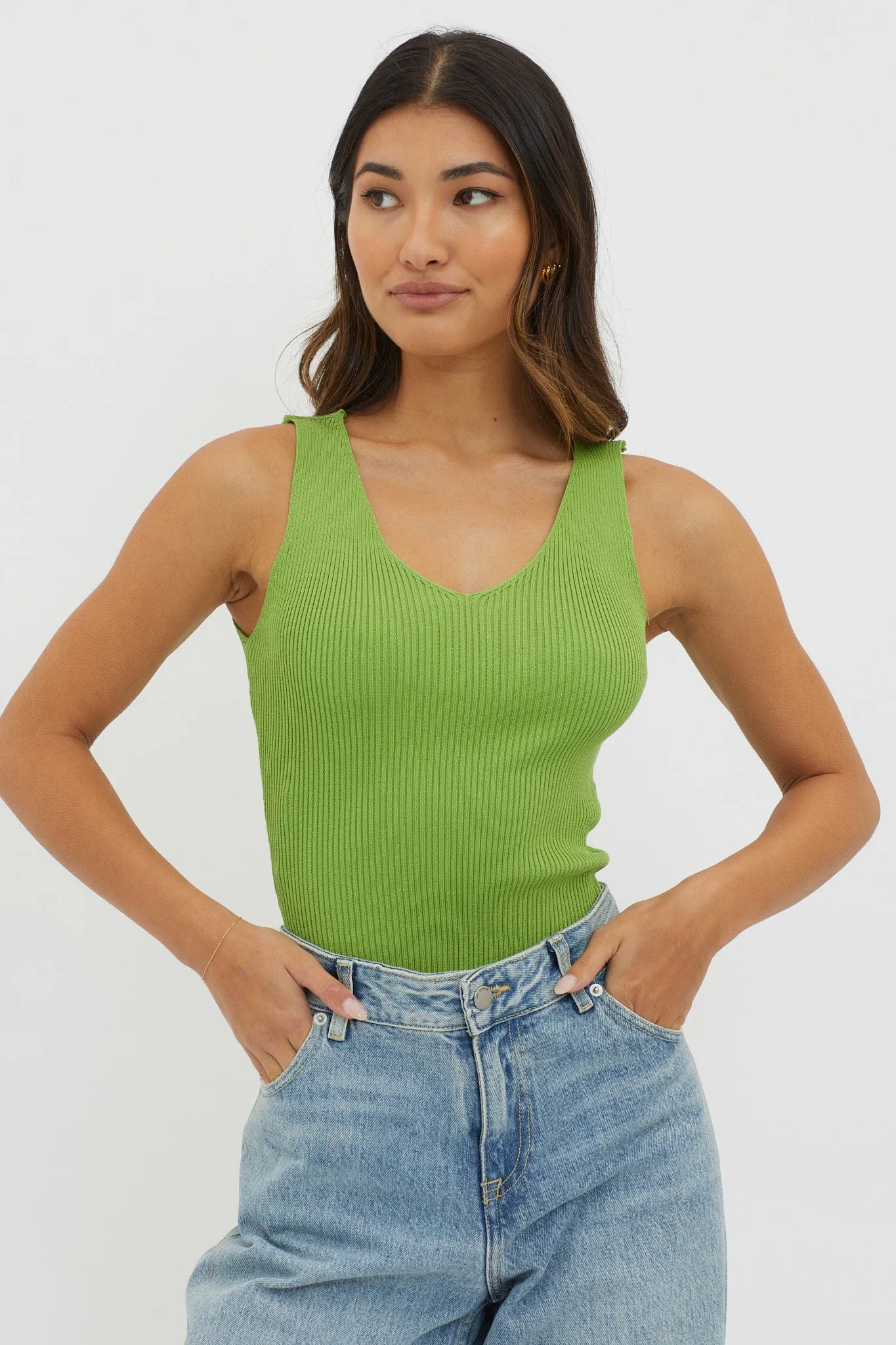 Off-Duty V-Neck Ribbed Knit Top Green sold by Selfie Leslie product image thumbnail 5