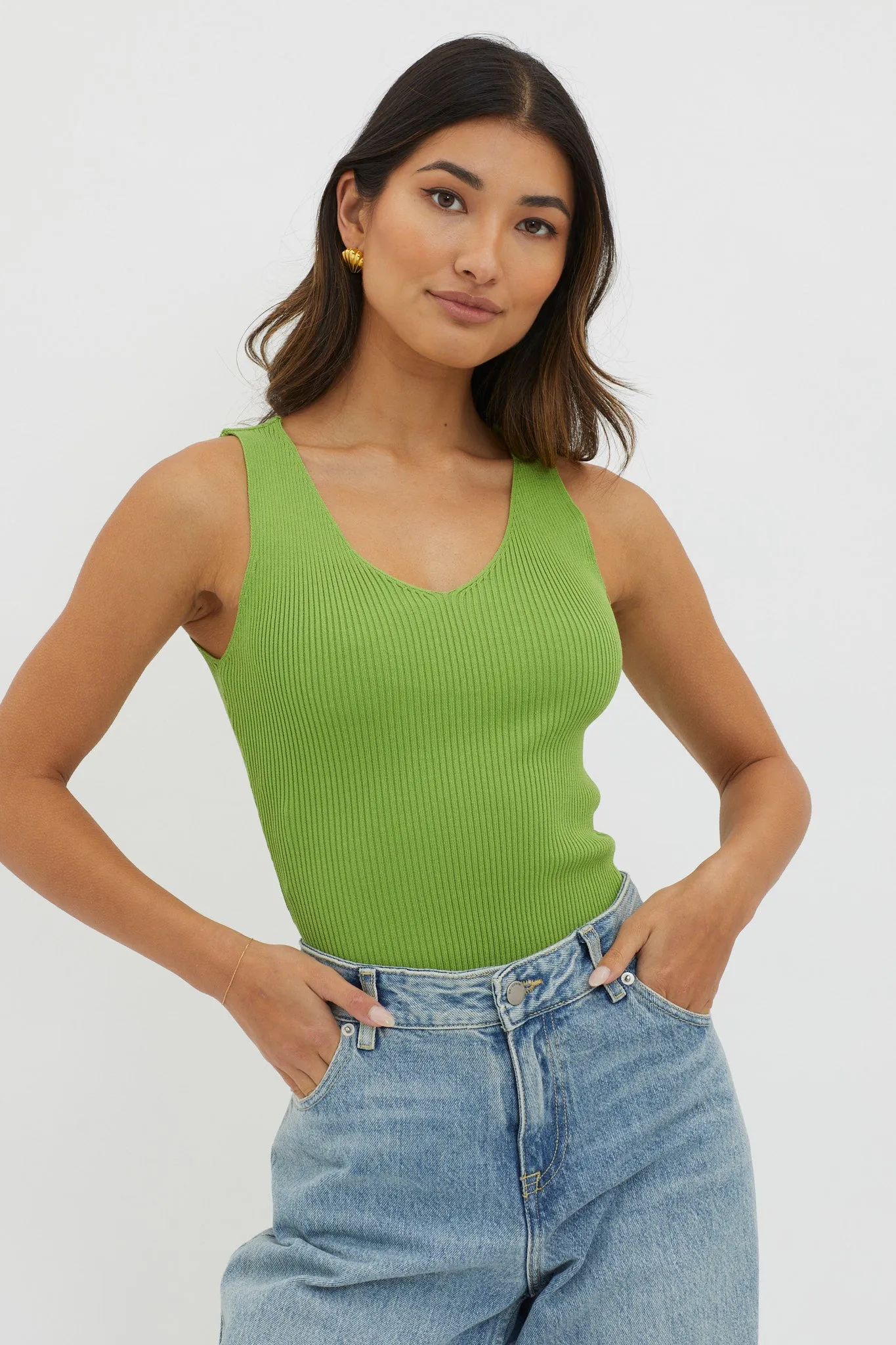 Off-Duty V-Neck Ribbed Knit Top Green sold by Selfie Leslie